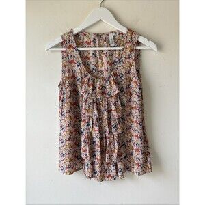 Sine Anthropology Silk Floral Ruffle Sleeveless Top Blouse Size 8 Cottagecore